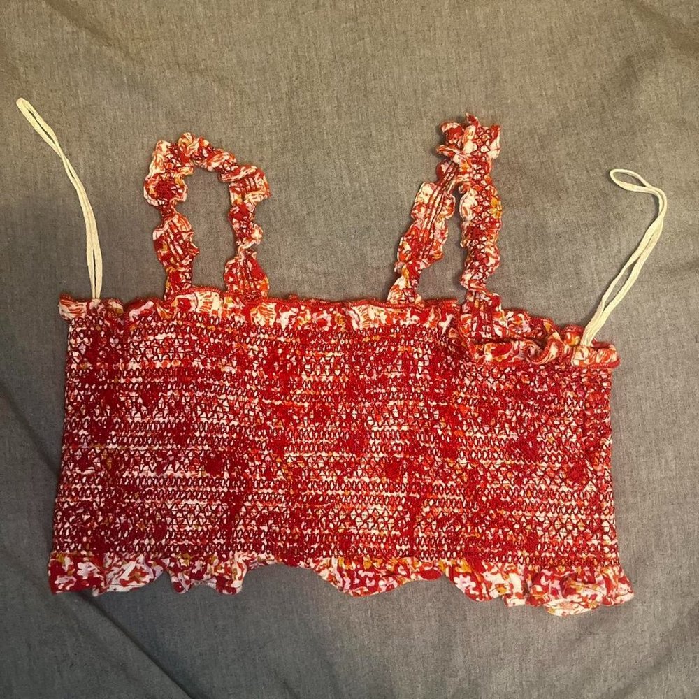 free people ruched crop top red floral hippie boho 70s bralette top. summer